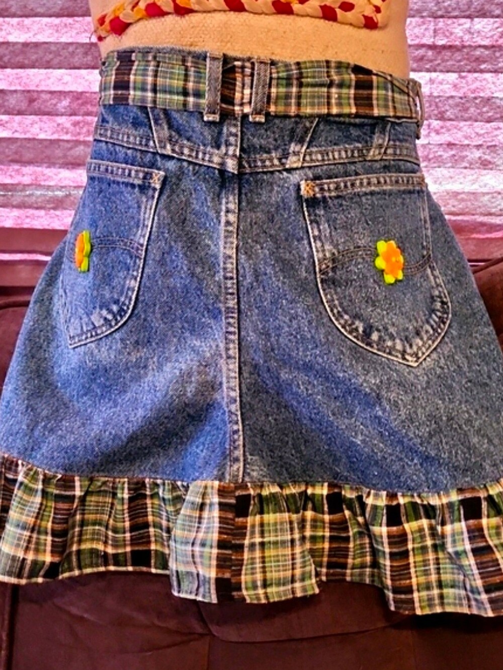 Upcycled Denim Waist Apron Plaid Ruffle Sunflower Boho Half Apron - Picture 5 of 9